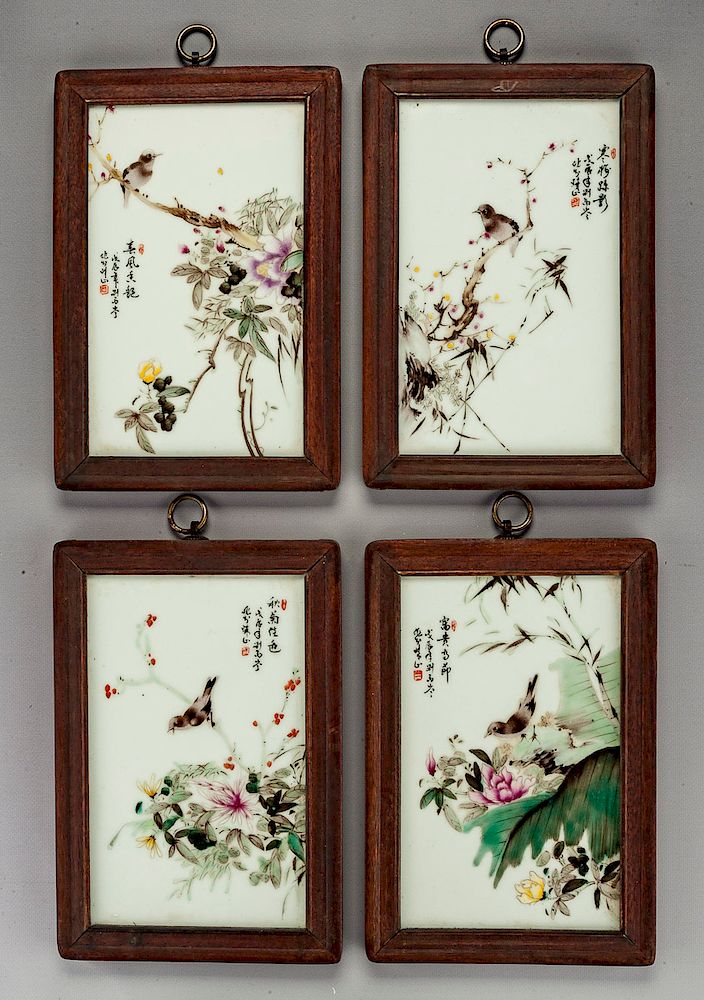 Appraisal: Chinese Enamel on Porcelain Plaques Birds DESCRIPTION Four Chinese enamel