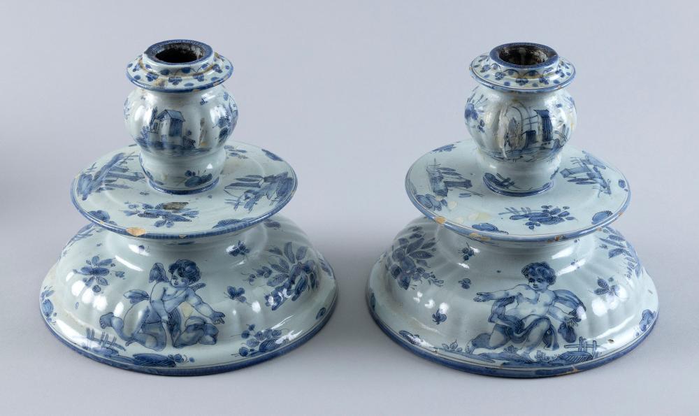 Appraisal: PAIR OF DELFT POTTERY CANDLESTICKS HOLLAND TH CENTURY HEIGHTS DIAMETERS