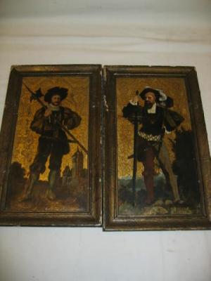 Appraisal: A PAIR OF LEATHER PANELS each painted with a soldier