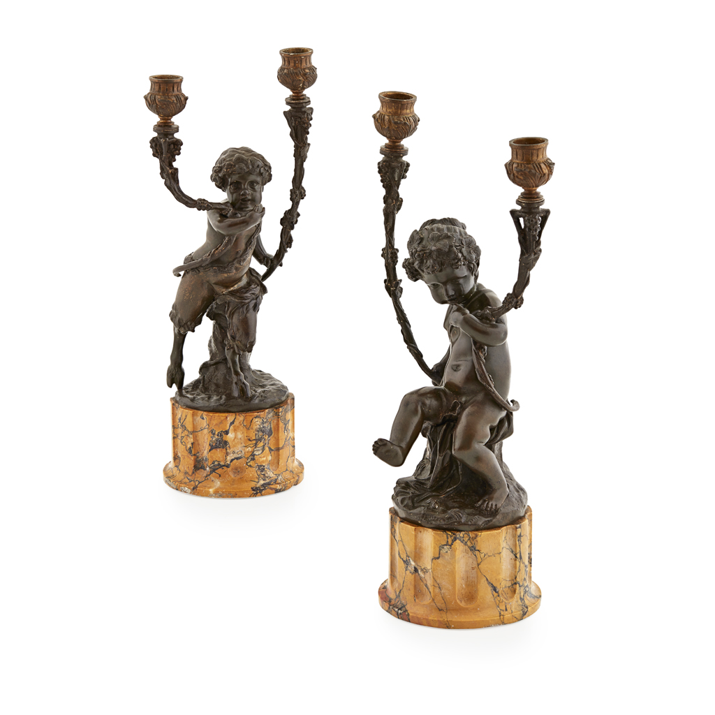 Appraisal: PAIR OF FRENCH BRONZE FIGURAL CANDELABRA AFTER CLODION TH CENTURY