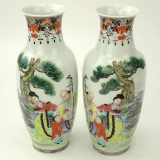 Appraisal: Pair of Chinese Mid-Century Hand Painted Porcelain Vases Signed CHINA