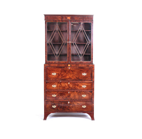 Appraisal: A LATE REGENCY MAHOGANY EBONY and LINE-INLAID SECRETAIRE BOOKCASE The