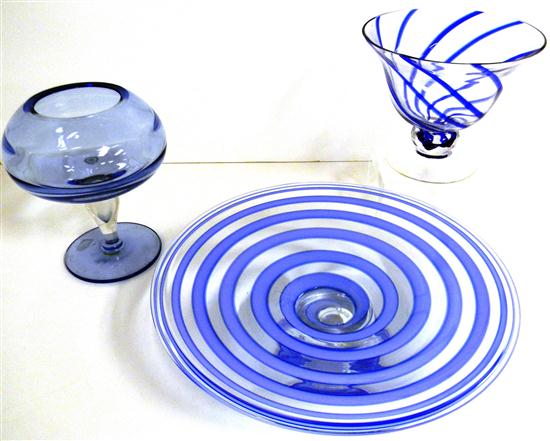 Appraisal: Three pieces of contemporary glass blue swirl and colorless glass