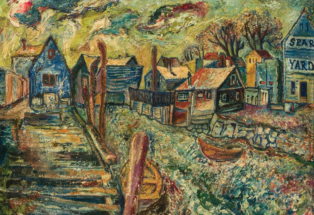 Appraisal: DAVID BURLIUK American Russian - Houses on a Canal oil