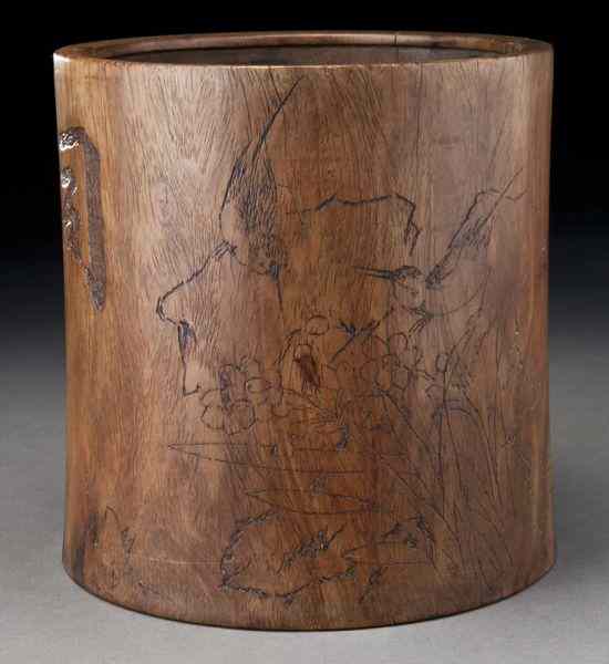 Appraisal: Chinese Qing Huanghuali brush potdepicting flowers birds and calligraphy signed