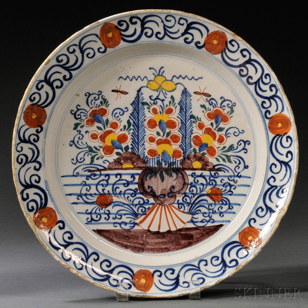 Appraisal: Dutch Delft Polychrome Decorated Charger mid- th century the center