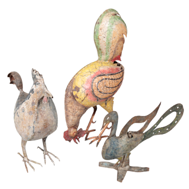 Appraisal: TWO PAINTED METAL CHICKENS including a cockerel depicted eating corn