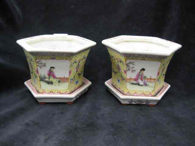 Appraisal: Pair of Chinese Famille Rose Porcelain Planters signed with underplates