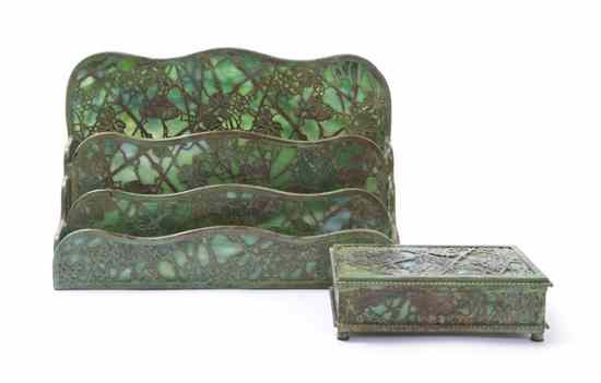 Appraisal: A Tiffany Studios Bronze Two-Piece Desk Set in the Grapevine