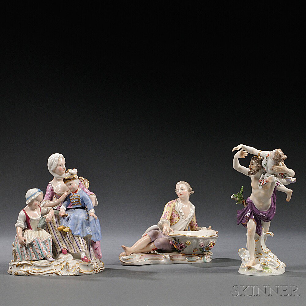 Appraisal: Three Meissen Porcelain Figures Germany th century each with gilt