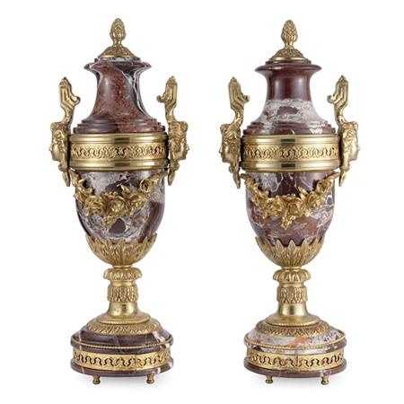 Appraisal: Pair of Louis XVI Style Gilt-Metal Mounted Marble Two-Handled Covered