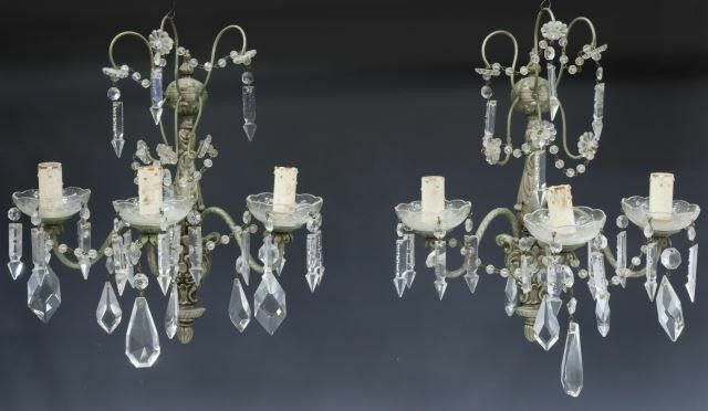 Appraisal: pair Italian silve-tone metal and crystal prism three-light sconces th