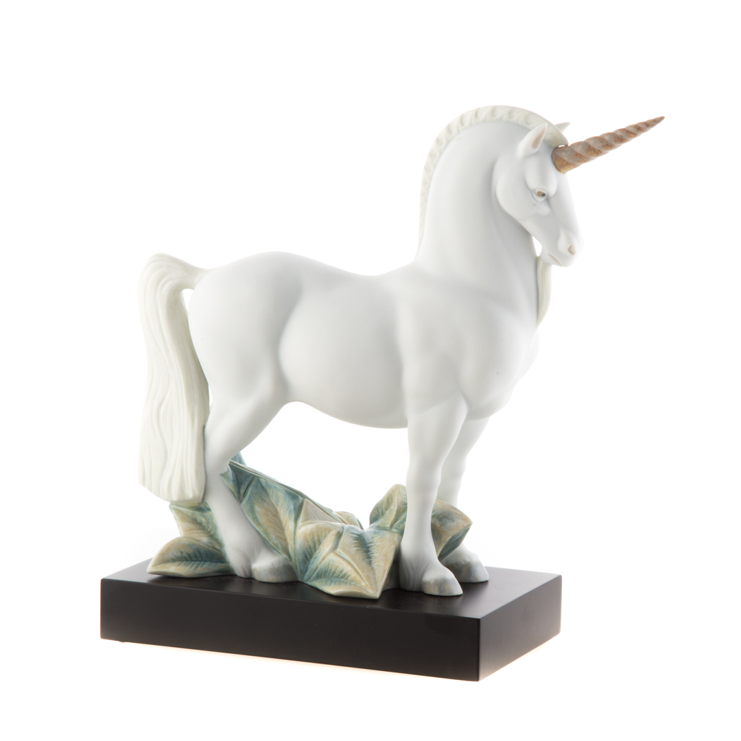 Appraisal: Lladro porcelain treasure unicorn mounted on wood base in H