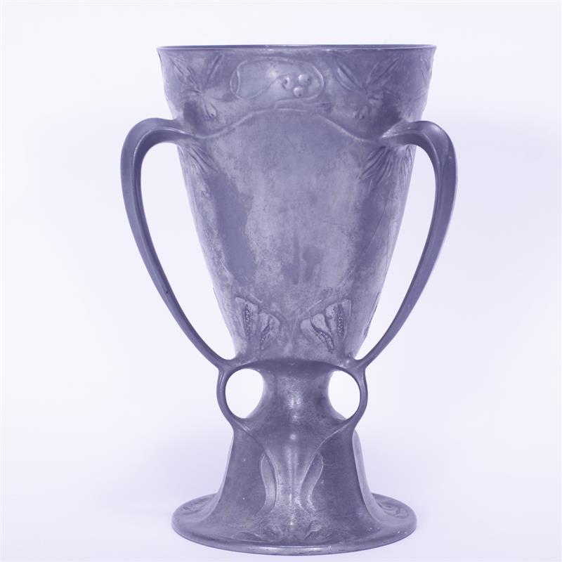 Appraisal: Kayserzinn Art Nouveau Three-handled Pewter Vase H x W