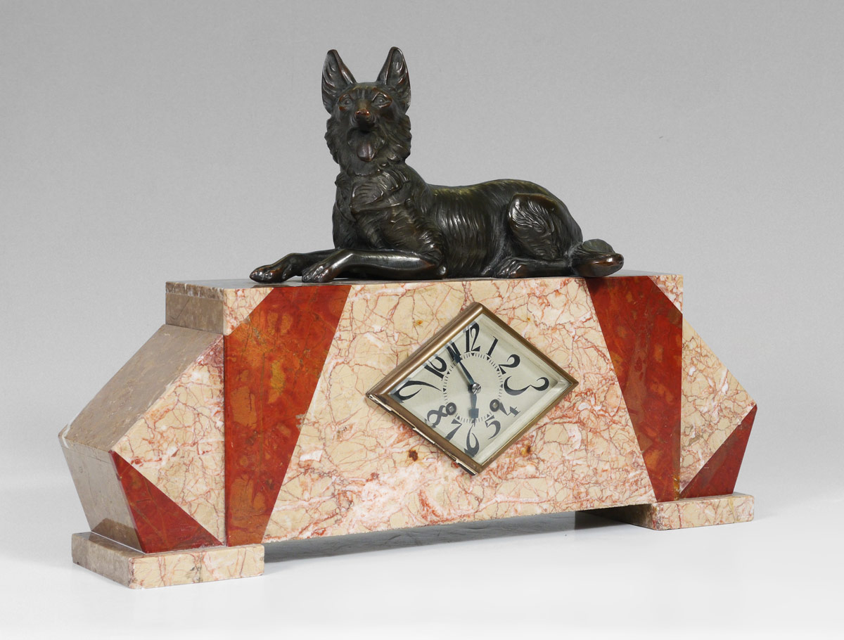 Appraisal: FIGURAL GERMAN SHEPHERD ART DECO MANTLE CLOCK Patinated cast metal