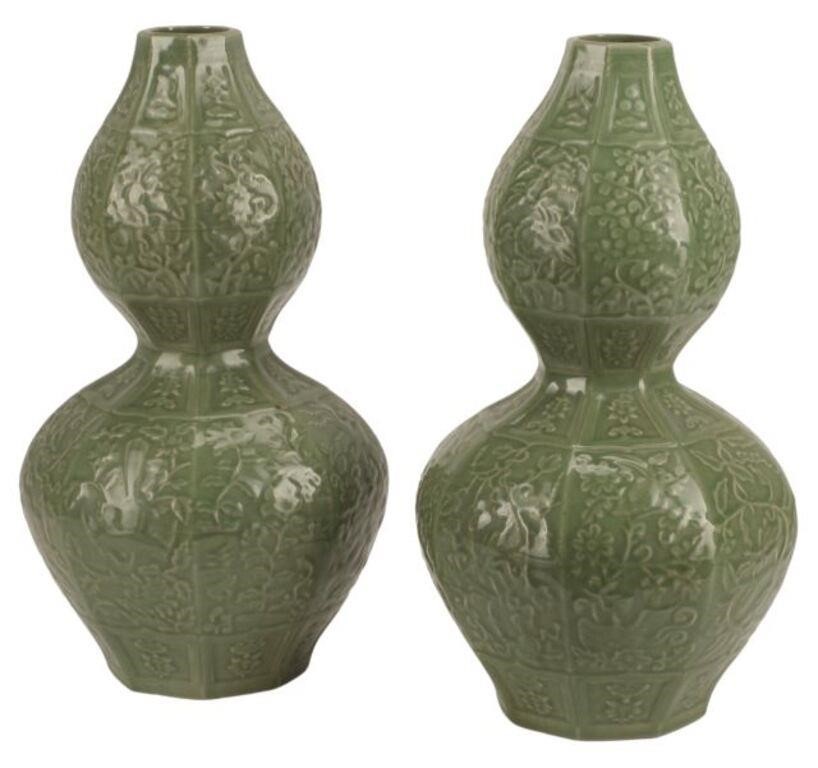 Appraisal: CHINESE CELADON PORCELAIN DOUBLE GOURD VASES pair Chinese celadon porcelain