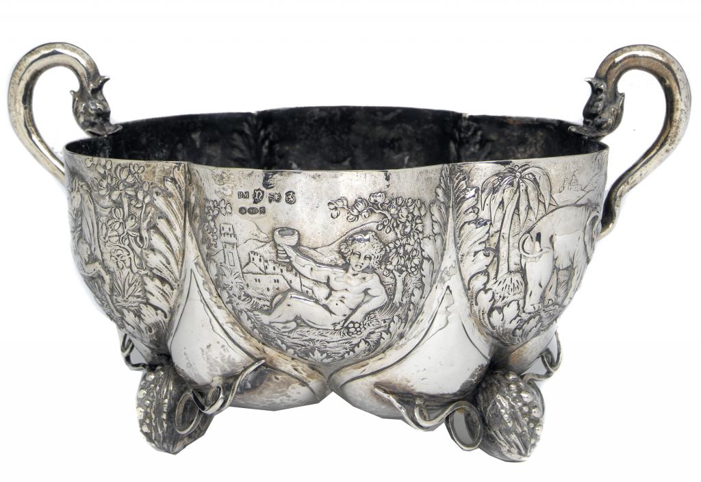 Appraisal: A GERMAN HISTORISMUS SEXFOIL BOWL with dragon handles embossed with