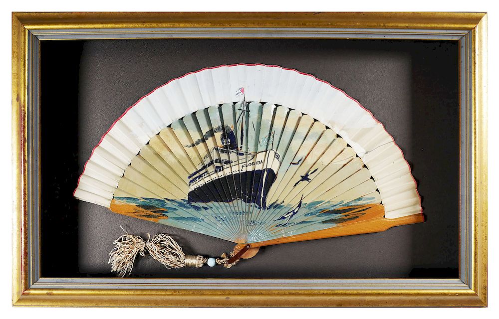 Appraisal: MIAMI Framed Folding Fan painted S S FLORIDA The S