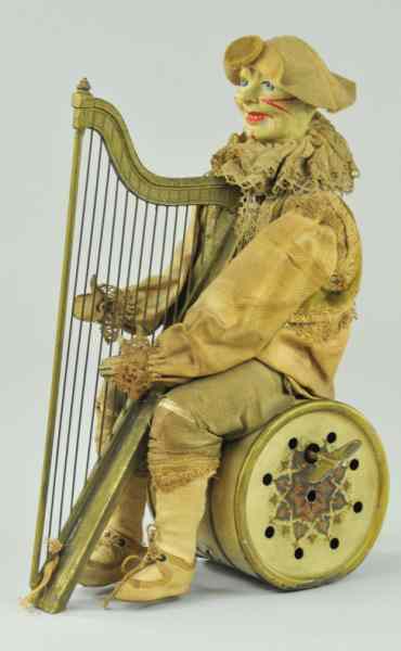 Appraisal: CLOWN PLAYING HARP Germany attributed to Gunthermann clown seated on