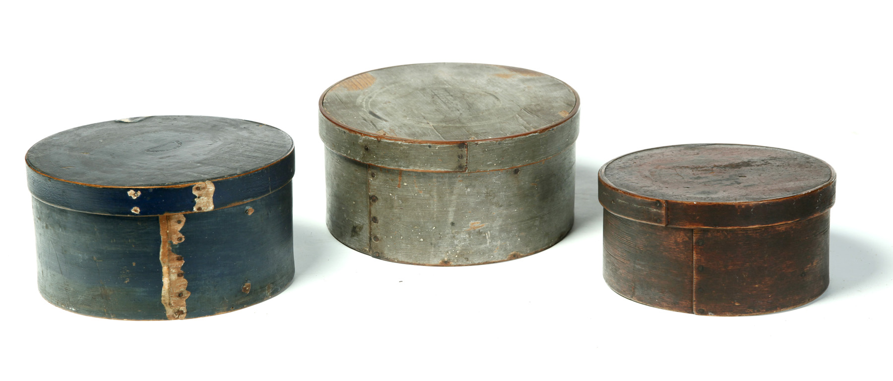 Appraisal: THREE AMERICAN PANTRY BOXES Second half- th century Round bentwood