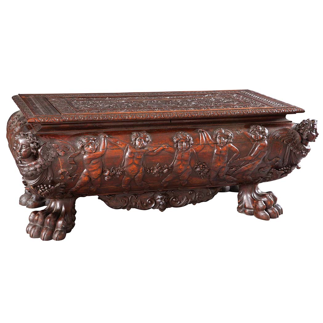 Appraisal: Italian Renaissance Style Walnut Cassone The hinged rectangular top carved