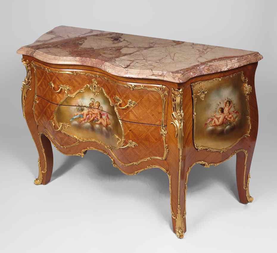 Appraisal: FRENCH MARBLE TOP PAINTED ORMOLU MOUNTED COMMODE Variegated and shaped