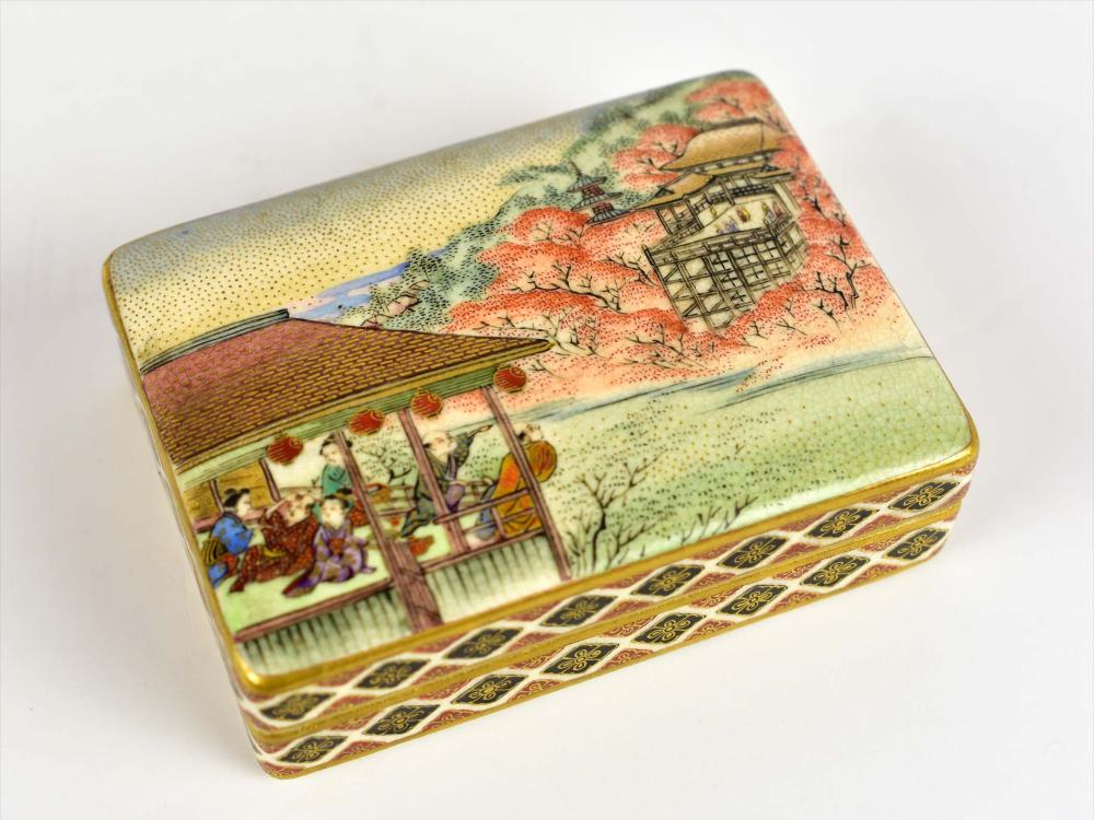 Appraisal: JAPANESE SATSUMA EARTHENWARE COVERED BOXSigned The rectangular box decorated with