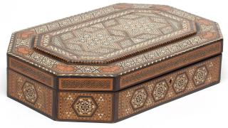 Appraisal: Large North African Inlaid Wood Parquetry Box Having geometric designs