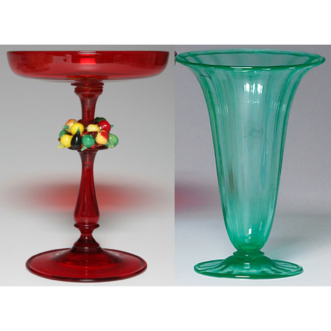 Appraisal: Art Glass compote deep red glass with applied colorful fruit