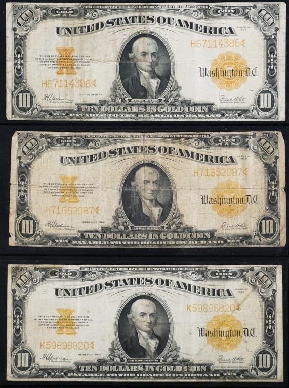 Appraisal: large format US currency ten dollar gold certificate notes series