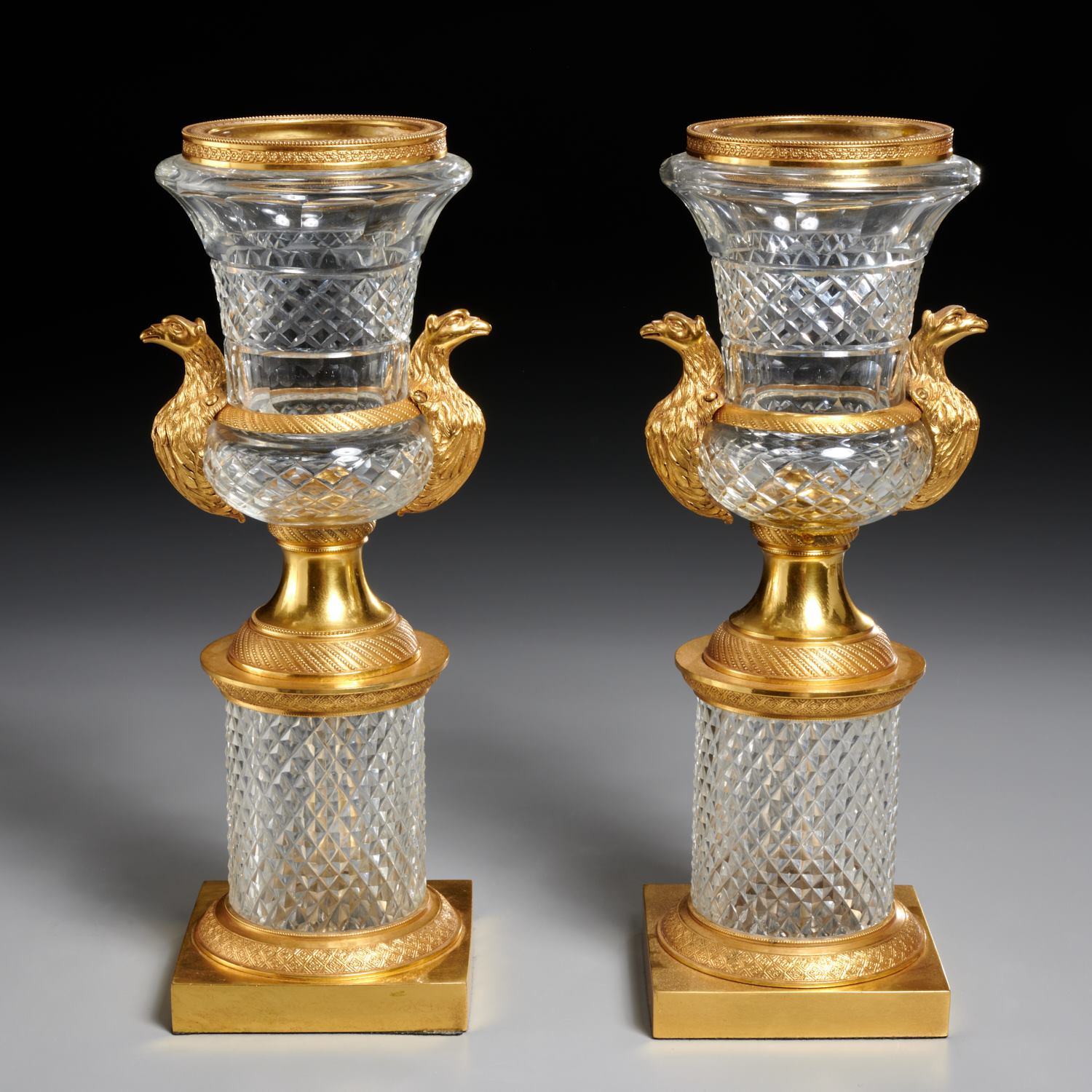 Appraisal: PAIR LOUIS XVI STYLE DORE BRONZE CUT GLASS URNS th