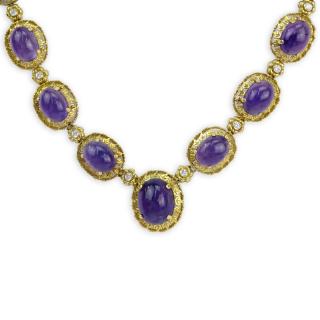 Appraisal: Vintage Sixteen Graduated Cabochon Amethyst and Karat Yellow Gold Necklace