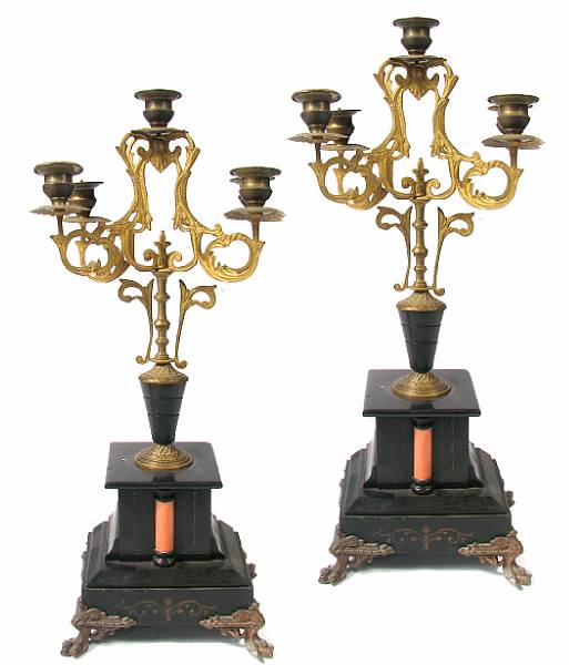 Appraisal: A pair of brass and slate five light candelabra together