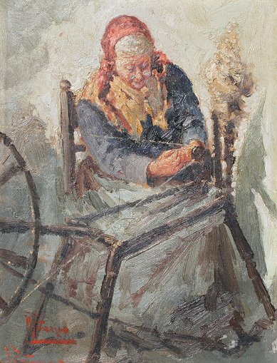 Appraisal: ILLEGIBLY SIGNED ITALIAN OIL BOARD OF GRANDMOTHER SPINNING YARN ''