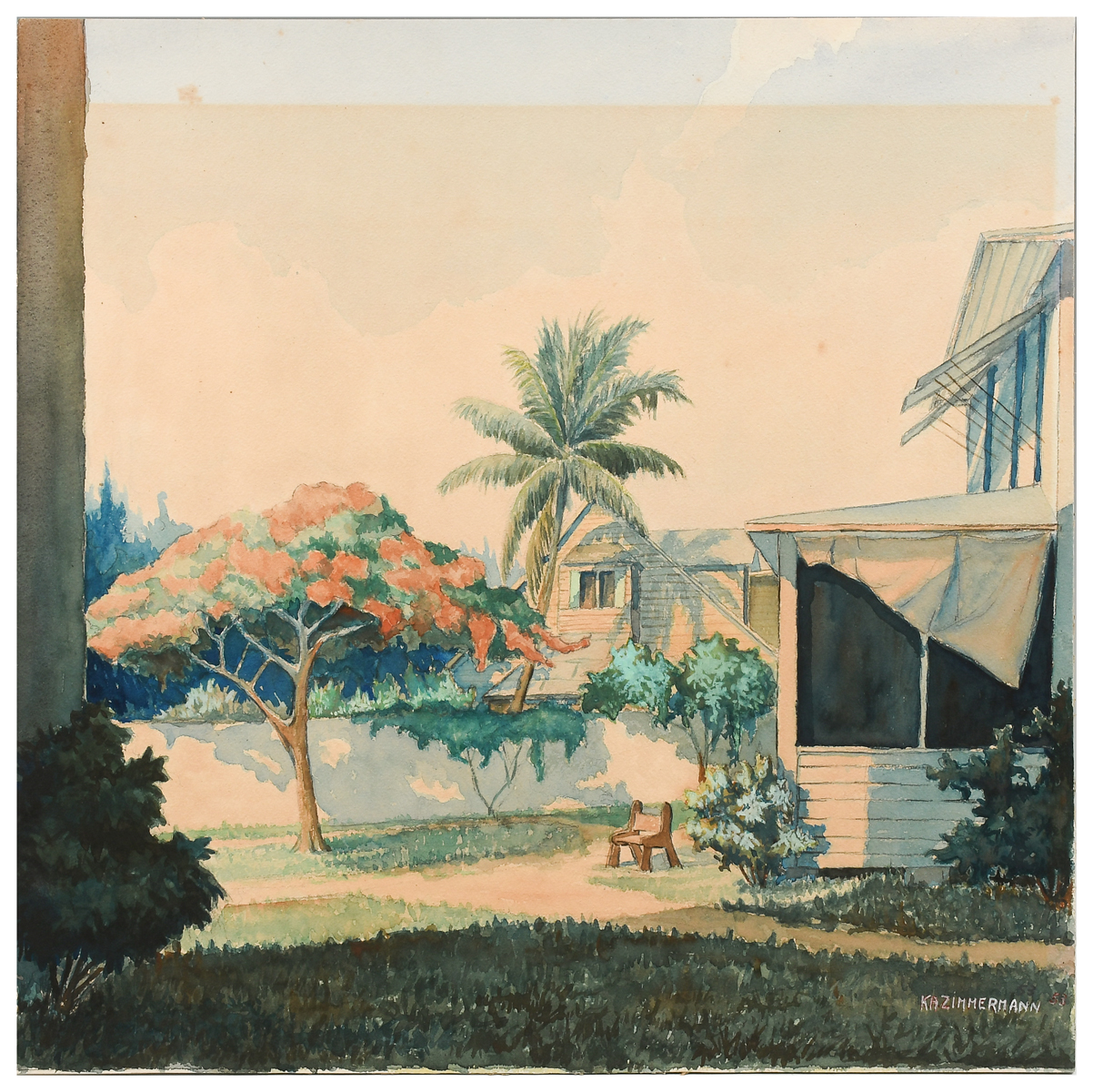 Appraisal: ZIMMERMAN Karl A American Swiss - Florida Backyard Watercolor Board