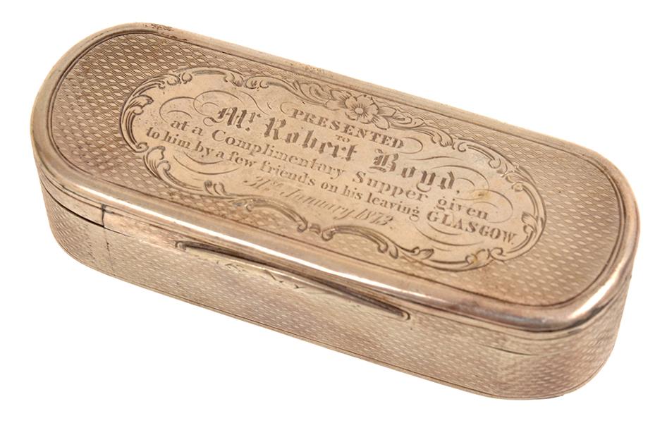 Appraisal: SMALL STERLING OBLONG SNUFF BOX PRESENTED TO ROBERT BOYD AT