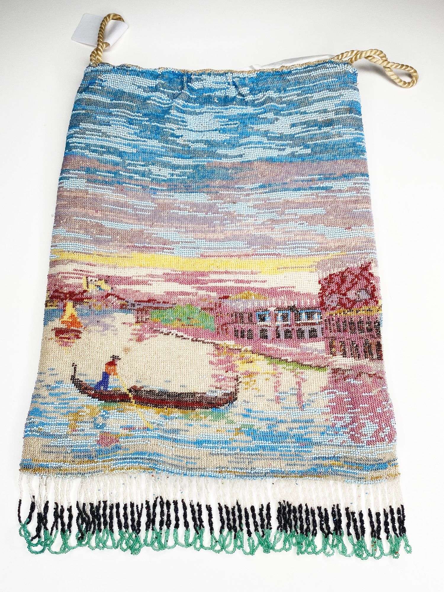 Appraisal: Micro Beaded Draw String Purse with Canal Scene long at