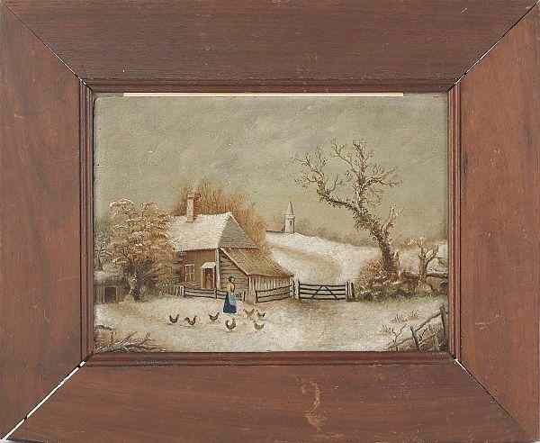 Appraisal: Primitive oil on board winter landscape th c of a