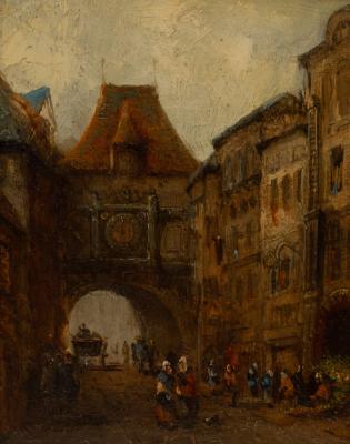 Appraisal: Early th Century Flemish School Street Scene clock tower above