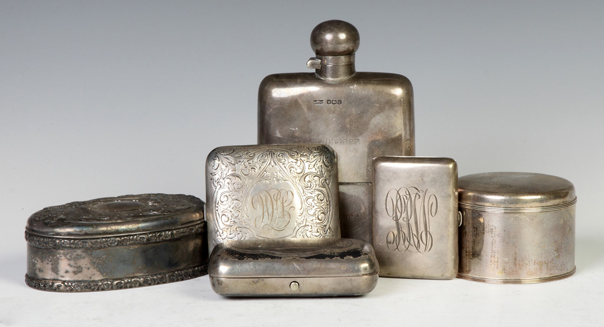 Appraisal: Various Sterling Calling Card Cases Cigarette Cases Dresser Boxes Flask