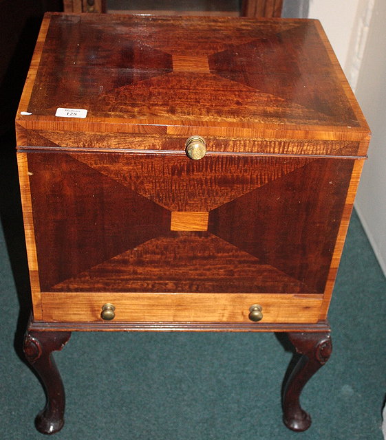 Appraisal: A MAHOGANY AND SATINWOOD CROSSBANDED SEWING BOX on stand cm