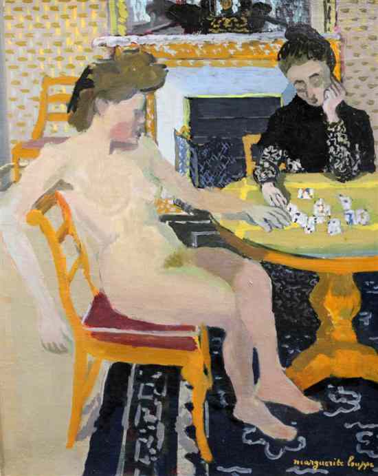 Appraisal: Marguerite Louppe - oil on canvas Interior with women playing