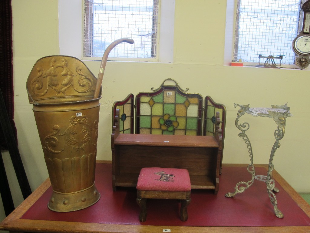 Appraisal: Brass framed stained and leaded glass firesceen bookshelf stool stick