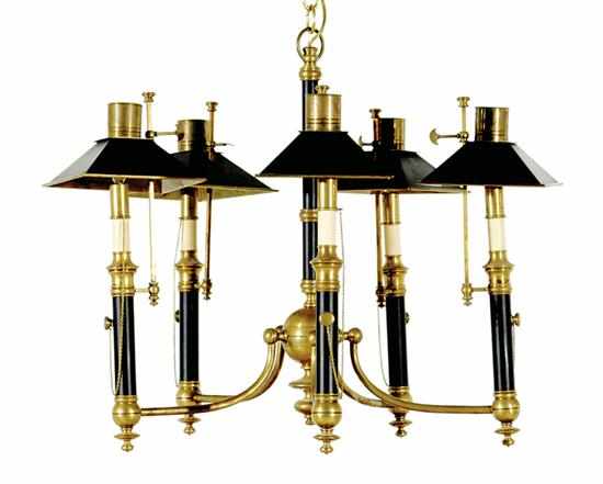 Appraisal: Chapman painted brass five-light chandelier black-painted turned stem issuing five