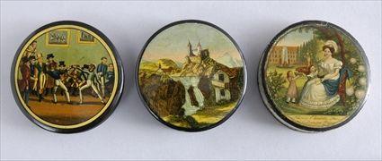 Appraisal: THREE ENGLISH PAPIER MACHE CIRCULAR LIDDED BOXES Variously showing a