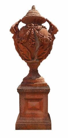 Appraisal: Large cast stone garden urn in a red finish with