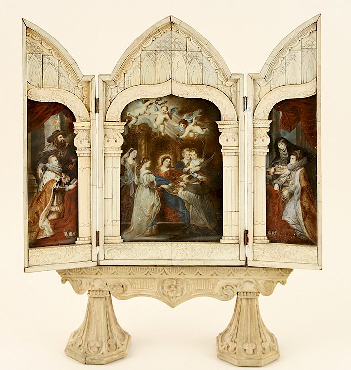 Appraisal: EARLY TH C BONE TRIPTYCH HOUSING OIL ON IVORY An