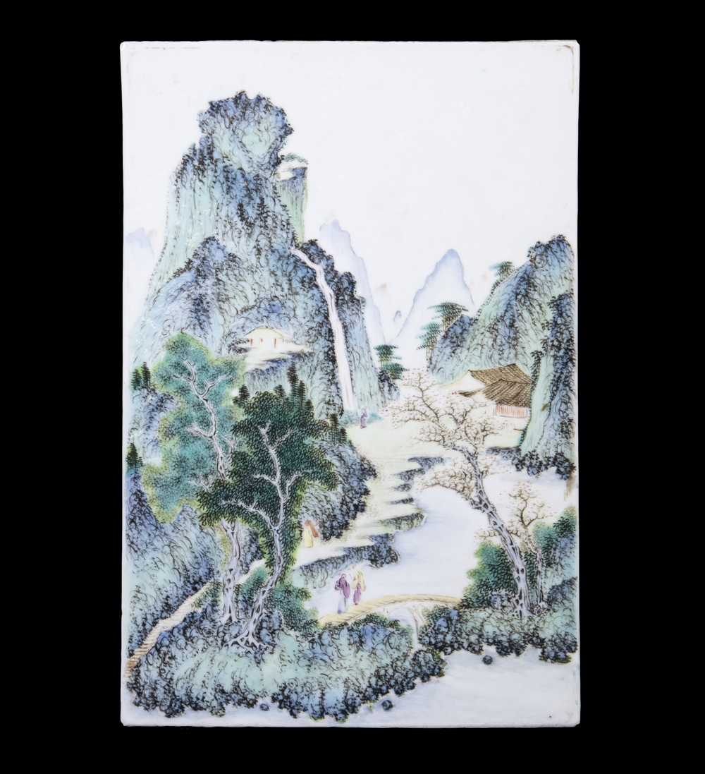 Appraisal: TH C CHINESE ENAMELED PORCELAIN PANEL Mountain Landscape with two