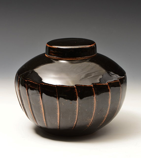 Appraisal: David Leach British - Pot and cover cut sidedtenmoku glazeimpressed