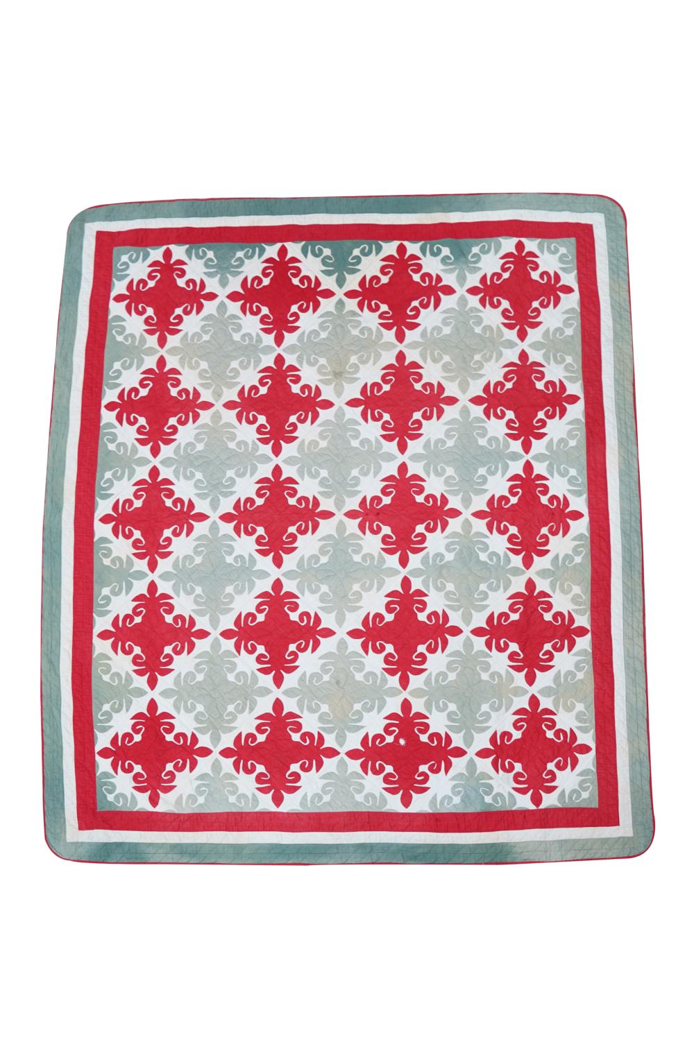 Appraisal: PATCHWORK QUILTred green and white cotton white cotton backing Condition